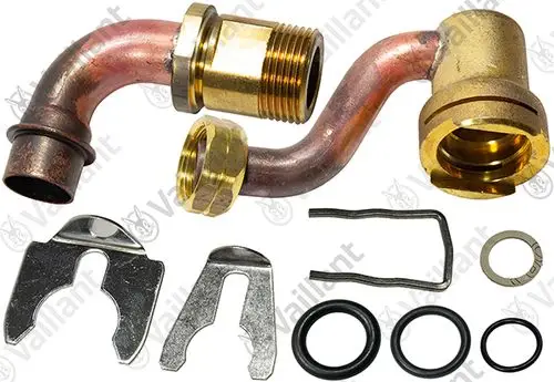 Vaillant Anschluss-Set mit gebogenem Rohr, Kupfer- und Messingelementen sowie Dichtungen und Clips für Heizungsinstallation oder -reparatur.